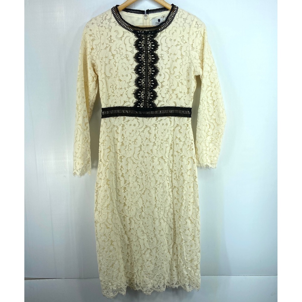 Dainty Jewells Ivory Cream Black‎ Lace Long Sleeve Midi Dress Womens Medium NWT